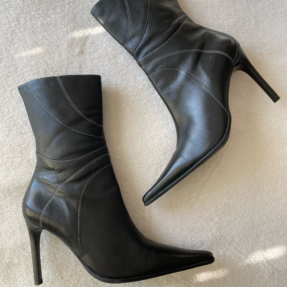 Diba Vintage Y2K Pointed Toe Boots Retro 90s Black Leather Heel - Picture 2 of 16